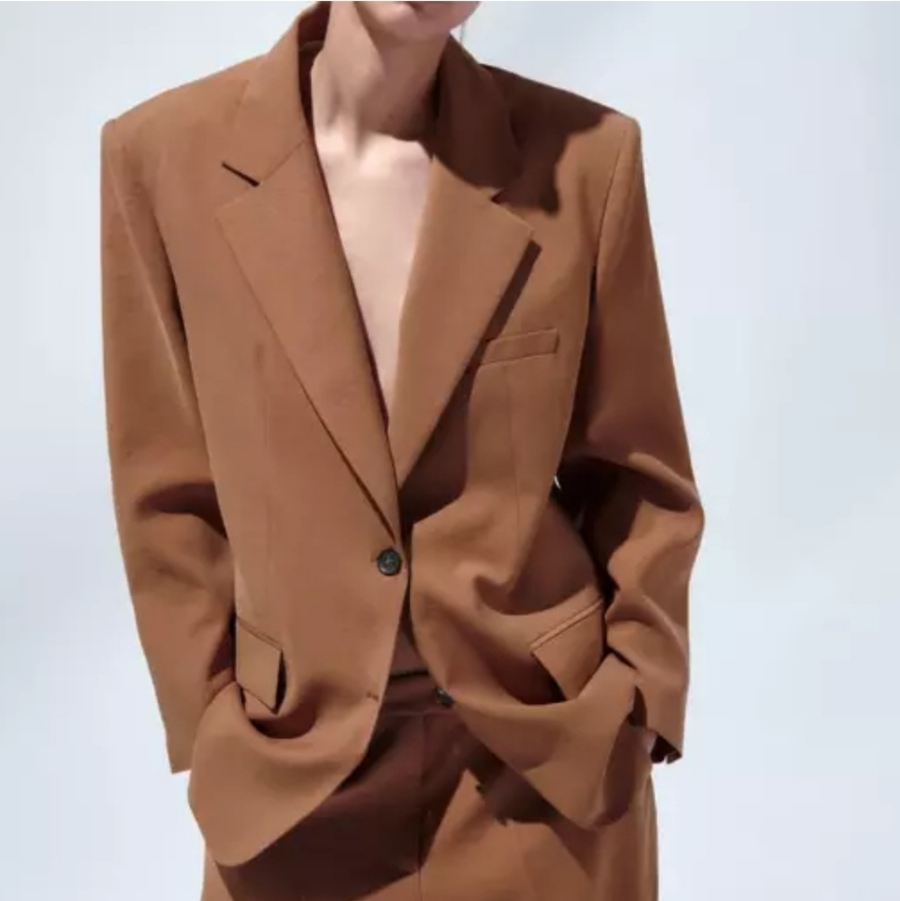 ZARA WOMAN STRAIGHT CUT BLAZER OVERSIZED CAMEL TAUPE BROWN